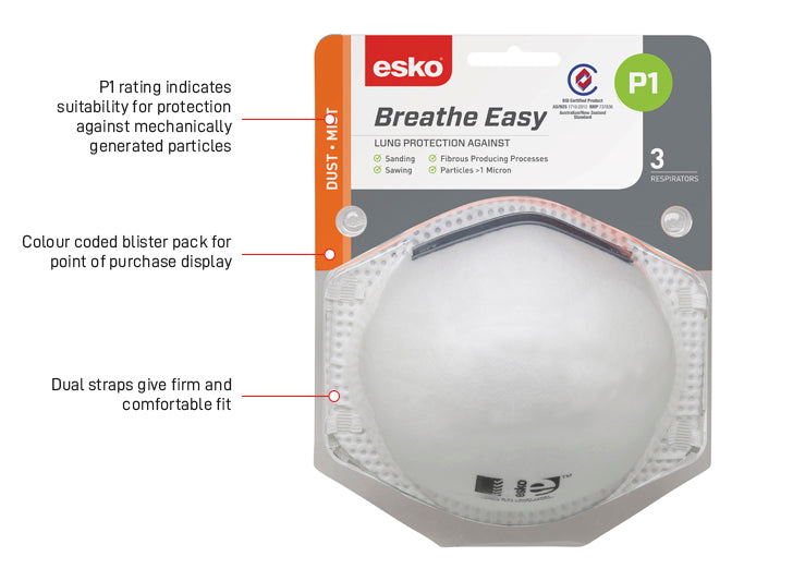 Esko Safety-ESKO P1 Respirator Non Valved Blister Pack, 3 Masks-Discount Workwear NZ