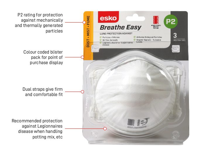 Esko Safety-ESKO P2 Respirator Non Valved Blister Pack, 3 Masks-Discount Workwear NZ