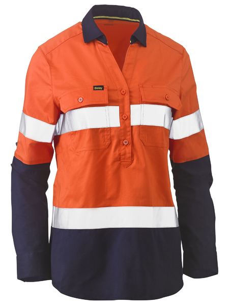 Bisley-Bisley Womens Taped Hi Vis Stretch V-Neck Closed Front Shirt-Discount Workwear NZ