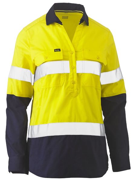 Bisley-Bisley Womens Taped Hi Vis Stretch V-Neck Closed Front Shirt-Discount Workwear NZ