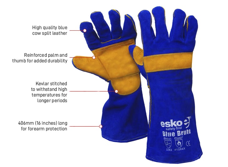 Esko Safety-Esko Blue/gold Brute Kevlar stitched premium welders glove, palm & knuckle bar, 406mm-Discount Workwear NZ