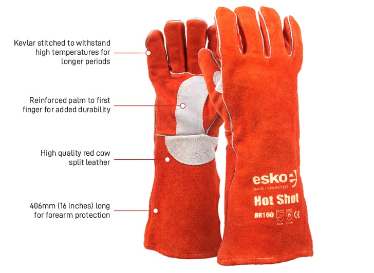 Esko Safety-HOT SHOT, Premium red welders glove, Kevlar stitched, lined, welted, 406mm long-Discount Workwear NZ