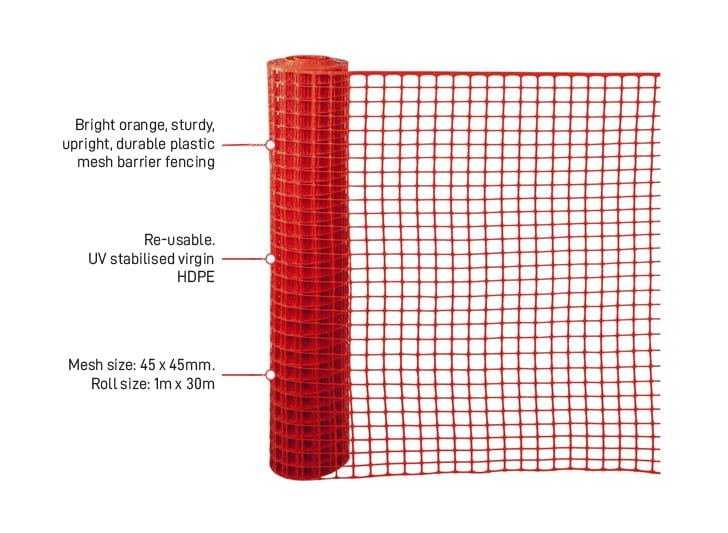 Esko Safety-DURAMESH Orange HDPE H/Duty Mesh, UV Stabilised, 1m x 30m roll, 9kg-Discount Workwear NZ