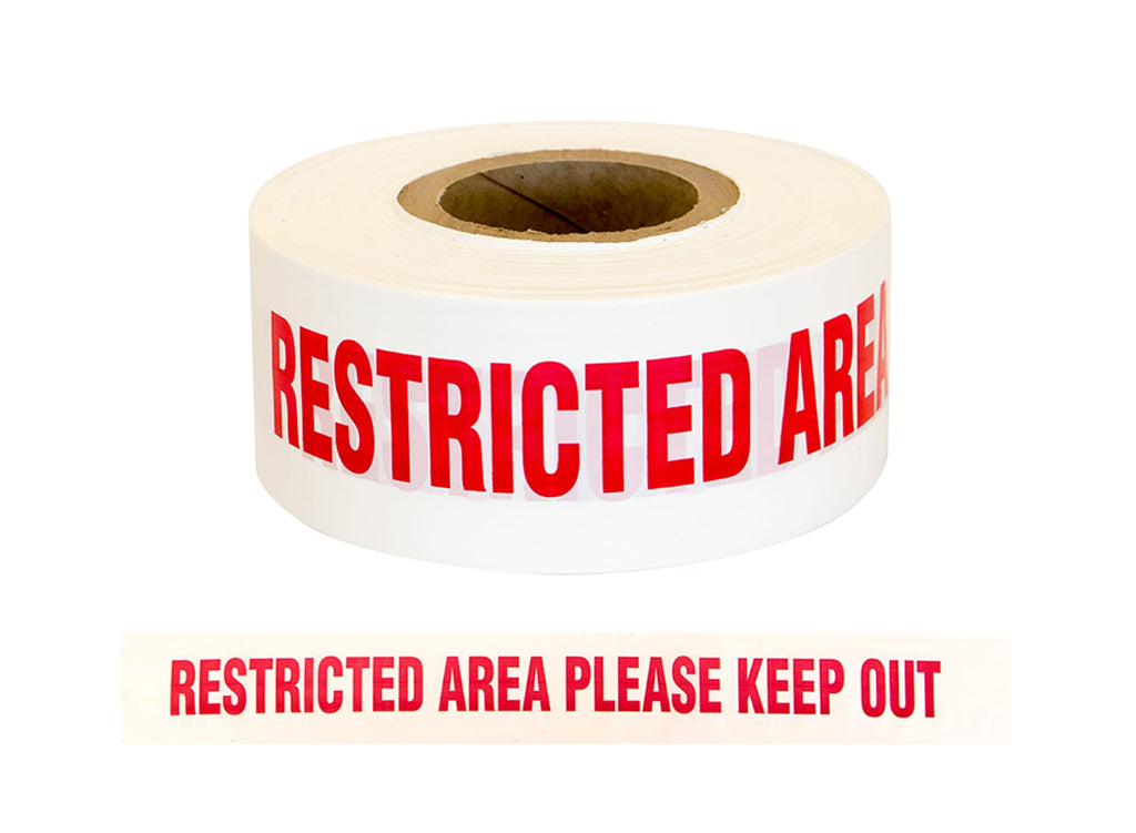 Esko Safety-Barrier Warning Tape "RESTRICTED AREA PLEASE KEP OUT" Red/White, 75mm x 250m-Discount Workwear NZ