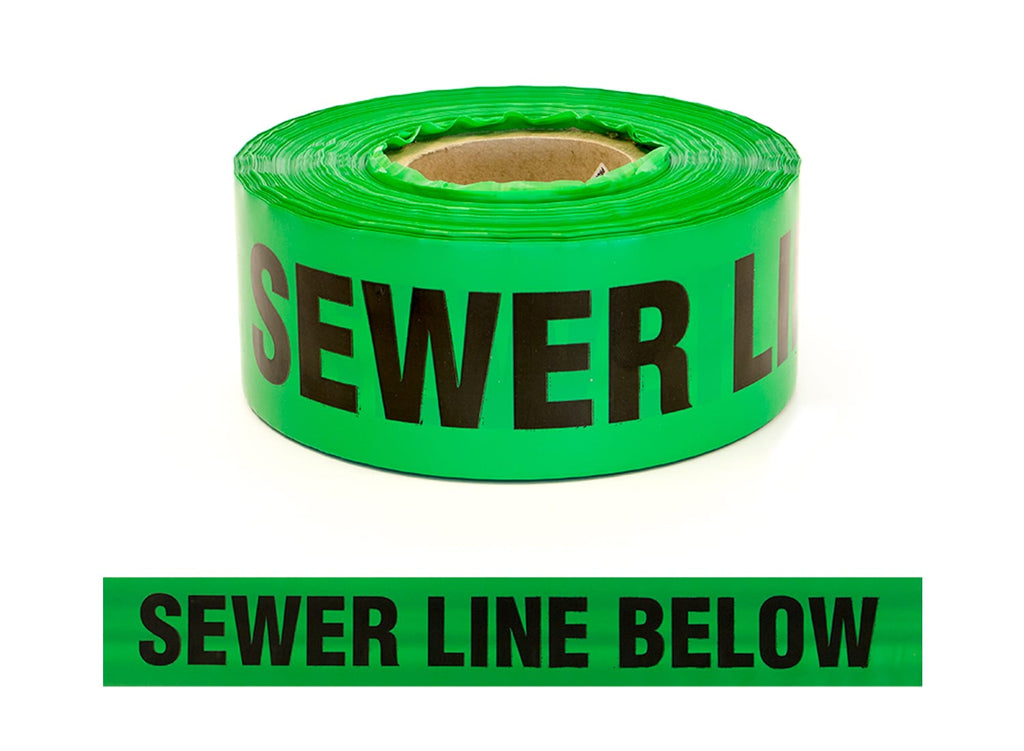 Esko Safety-Trench Warning Tape, "SEWER LINE BELOW", Black/Green, 75mm x 250m-Discount Workwear NZ