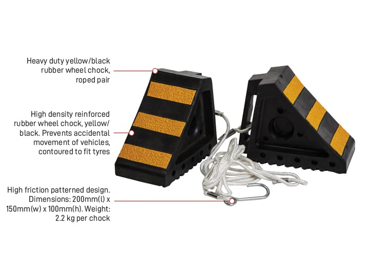 Esko Safety-Wheel Chocks Pair with rope, Black/Yellow Striped, Heavy duty rubber-Discount Workwear NZ