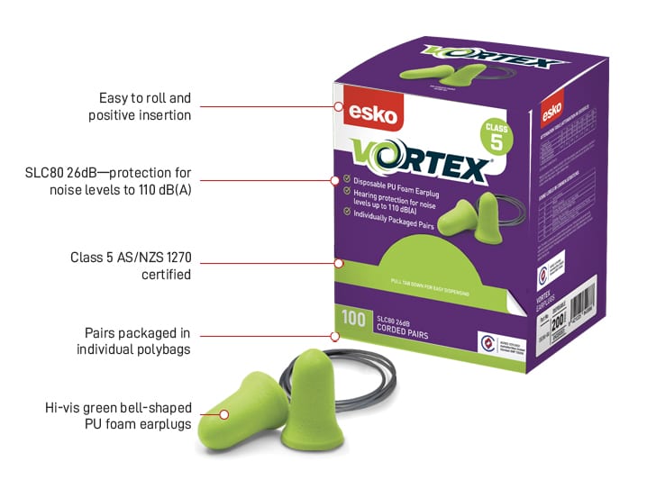 Esko Safety-Vortex Bell Shaped Corded Earplugs, Class 5 - 26dB 100 pairs/ box green-Discount Workwear NZ