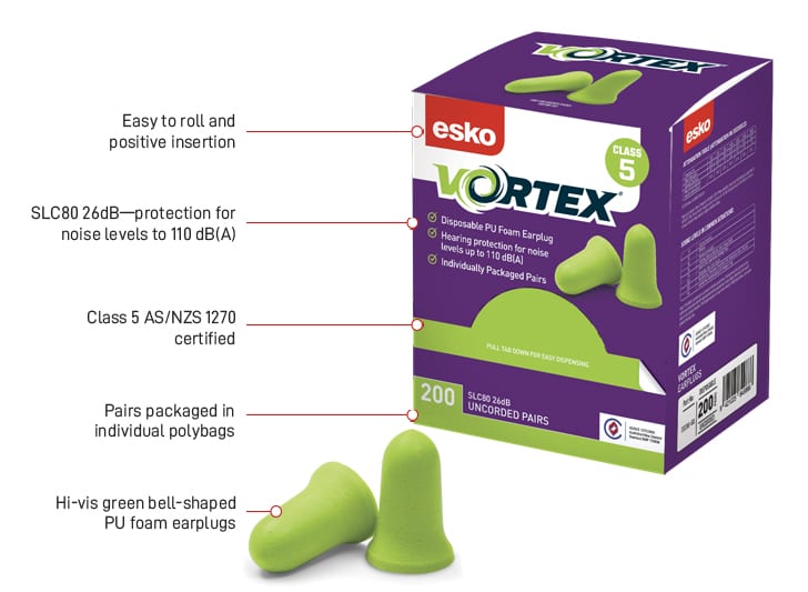 Esko Safety-Vortex Bell Shaped Un-Corded Earplugs, Class 5 - 26dB 200 pairs/ box green-Discount Workwear NZ