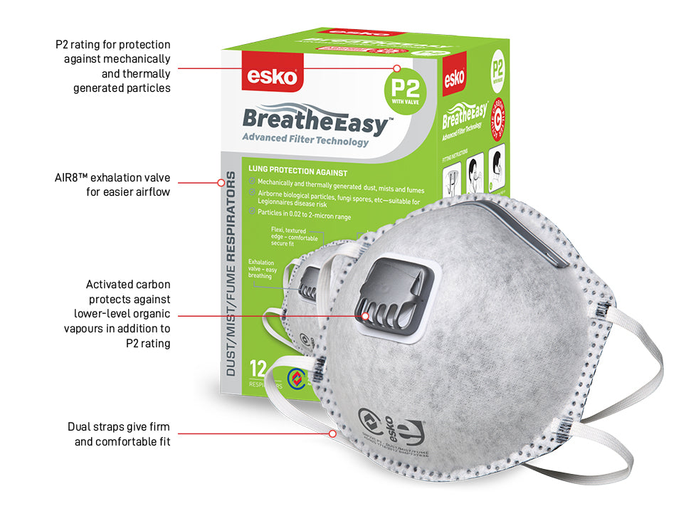 Esko Safety-Breathe Easy Dust mask P2, with Active Carbon Filter and exhalation valve, 12 box-Discount Workwear NZ