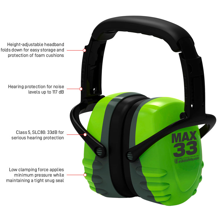 Esko Safety-MAX 33 Collapsible Earmuff, 33dB Class 5, Green/Grey-Discount Workwear NZ