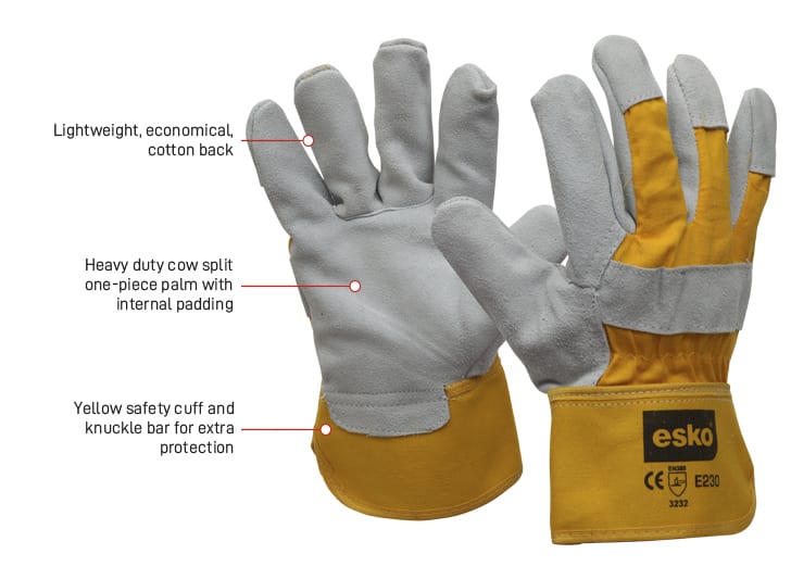 Esko Safety-ESKO Heavy duty leather, cotton glove, grey & yellow with safety cuff. 'A grade'-Discount Workwear NZ