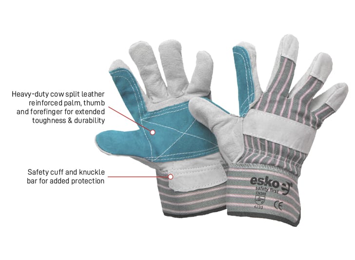 Esko Safety-ESKO Reinforced heavy duty leather/cotton glove, safety cuff-Discount Workwear NZ