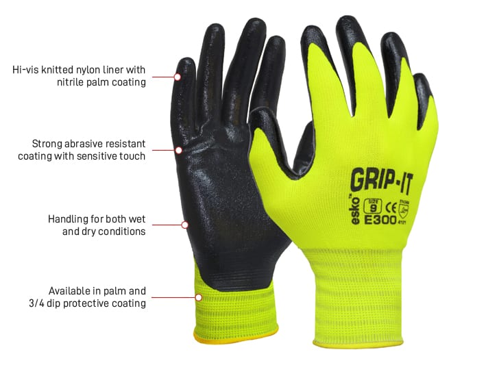 Esko Safety-GRIP-IT, Black Nitrile palm coating with Hi-vis Yellow Nylon liner, 7-12-Discount Workwear NZ