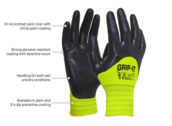 Esko Safety-GRIP-IT, Black nitrile 3/4 dip coating with Hi-Vis yellow nylon liner, Sizes 8-11-Discount Workwear NZ