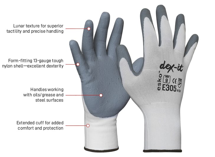 Esko Safety-ESKO DEX-IT Glove, Grey Foam Nitrile Coating on White Nylon liner-Discount Workwear NZ