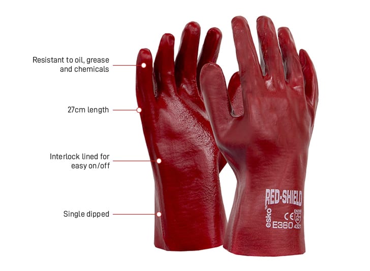 Esko Safety-RED SHIELD, Red PVC single dipped glove with interlock liner, 27cm-Discount Workwear NZ