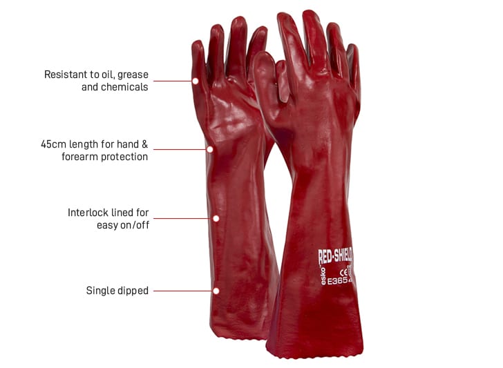 Esko Safety-RED SHIELD, Red PVC single dipped glove with interlock liner, 45cm-Discount Workwear NZ