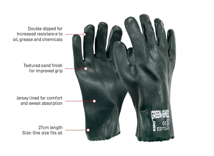Esko Safety-GREEN SHIELD, Green PVC single dipped glove with interlock liner, 27cm-Discount Workwear NZ