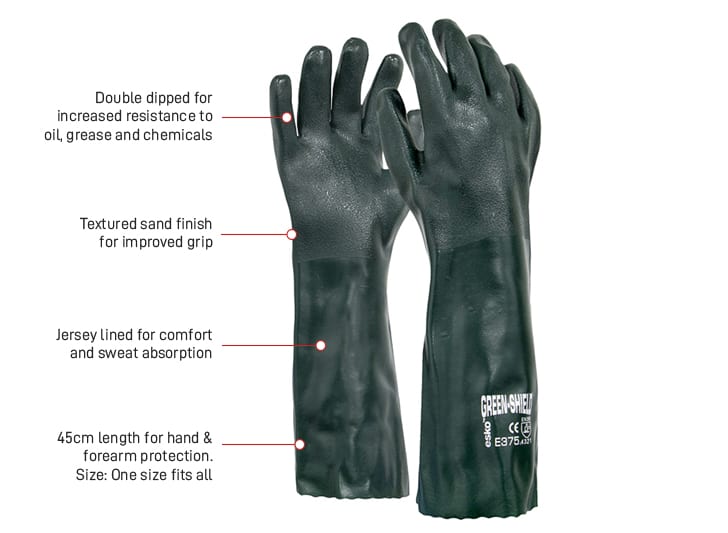 Esko Safety-GREEN SHIELD, Green PVC single dipped glove with interlock liner, 45cm-Discount Workwear NZ