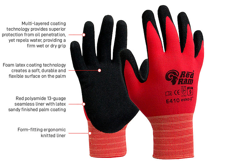 Esko Safety-RED RAM, Black sandy latex coating with Red polyamide liner, sizes 6-12-Discount Workwear NZ