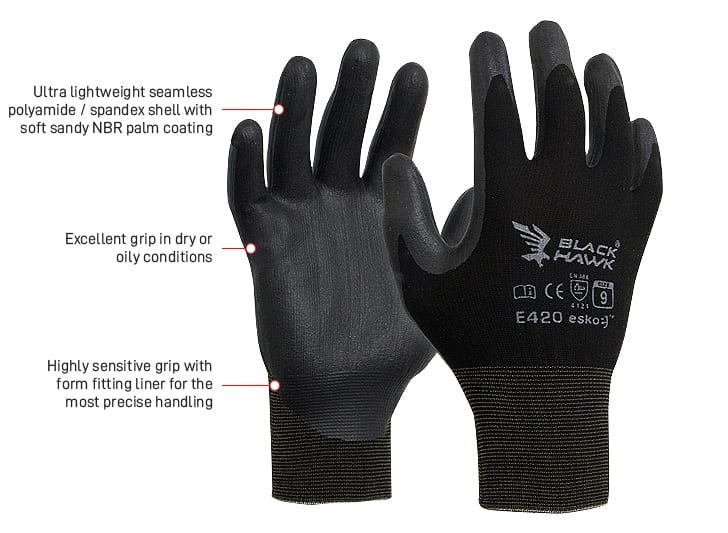 Esko Safety-BLACK HAWK, Black Foam Nitrile, Black Polyamide Liner-Discount Workwear NZ