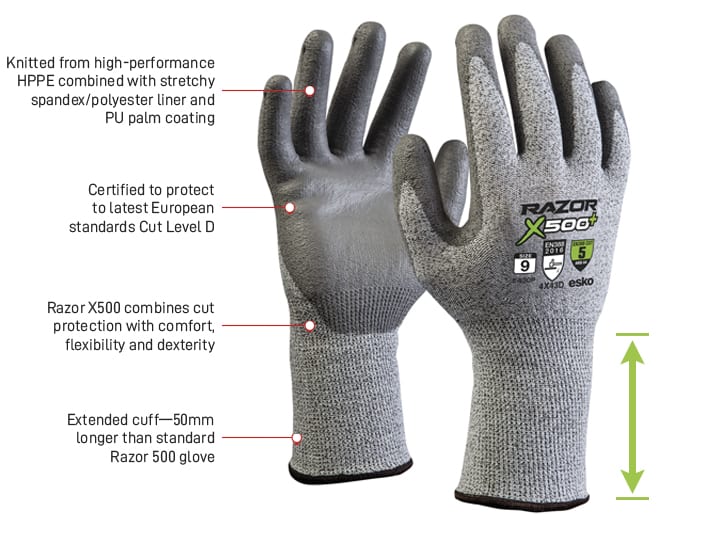 Esko Safety-RAZOR PLUS, X500+ Glove, Grey HPPE Cut level 5, Grey PU coating, Long cuff, sizes 8-11-Discount Workwear NZ