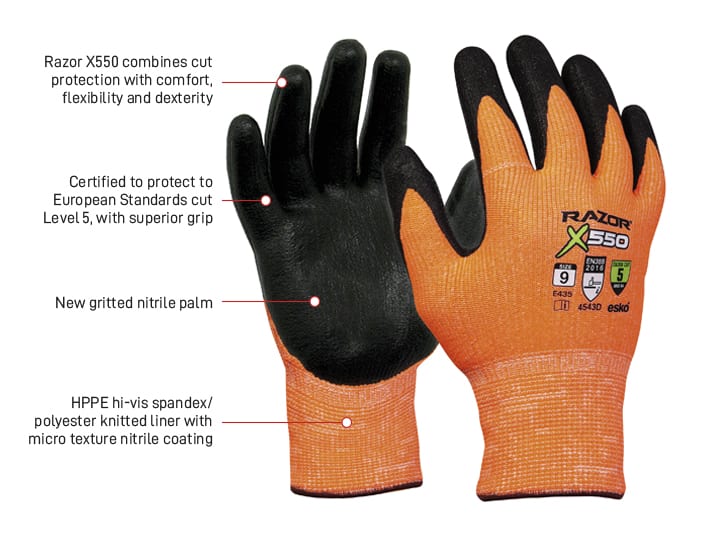 Esko Safety-RAZOR X550, Nitrile coated Cut resistant Level 5 Orange HPPE Fibre Liner, Sizes 7-11-Discount Workwear NZ