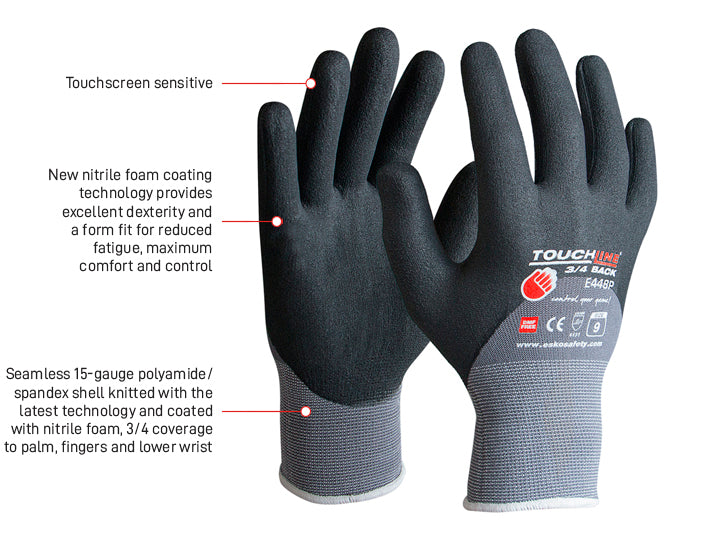 Esko Safety-TOUCHLINE 3/4Black, Nitrile 3/4 dip foam coat on Spandex, Size 7-11, HC-Discount Workwear NZ