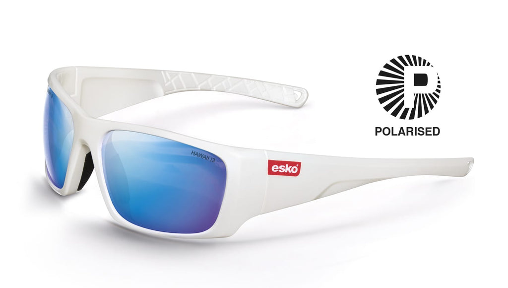 Esko-Hawaii Safety Glasses, Pearl White Frame, Polarised Blue Mirror Lens-Discount Workwear NZ