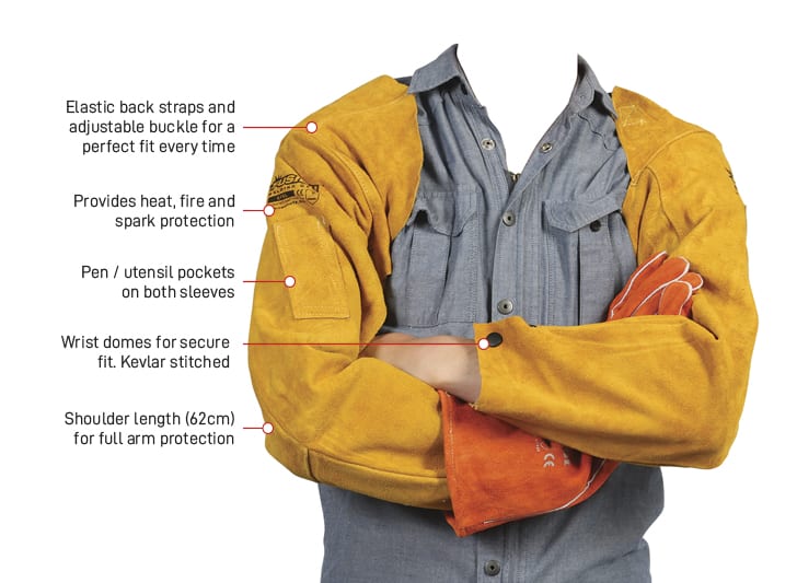 Esko Safety-Fusion Welders sleeves, shoulder length (62cm), with leather strap and silver buckle-Discount Workwear NZ