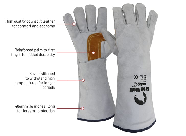 Esko Safety-Grey Wolf, grey/gold welders glove, reinforced palm, lined & kevlar stitched 406mm-Discount Workwear NZ