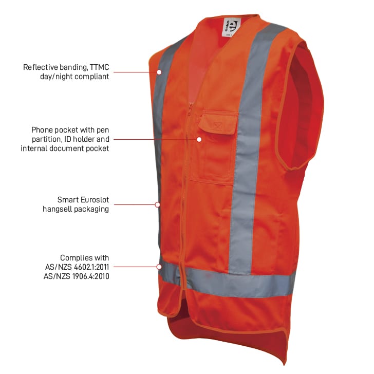 Esko Safety-Hi-Vis Orange Day/Night Safety Vest c/w cellphone, ID & Pen pocket- Size XS-4XL-Discount Workwear NZ