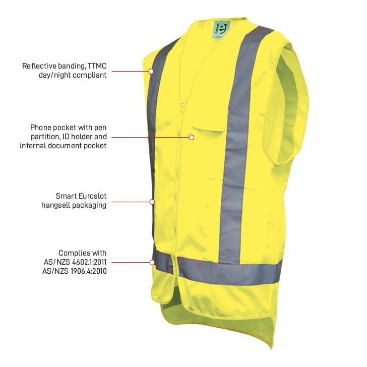 Esko Safety-Hi-Vis Yellow Day/Night Safety Vest c/w cellphone, ID & Pen pocket- Size XS-4XL-Discount Workwear NZ