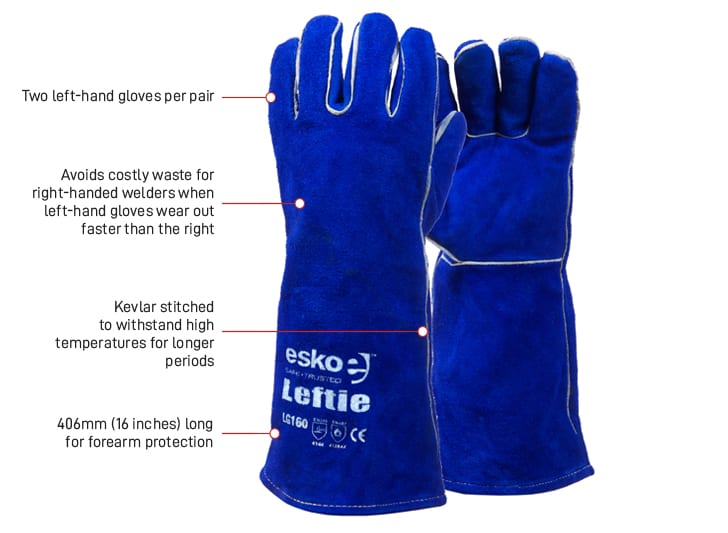 Esko Safety-Leftie, Premium left hand pair blue welders gloves, lined, welted, 406mm-Discount Workwear NZ