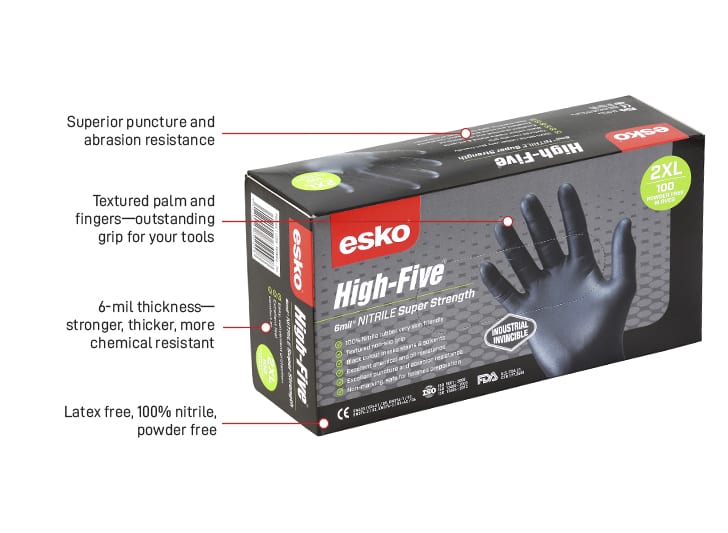 Esko Safety-ESKO HIGH FIVE super strength heavy duty industrial black nitrile disposable gloves-Discount Workwear NZ