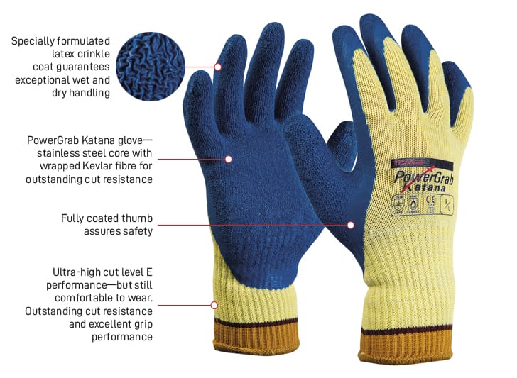 Esko Safety-PowerGrab Katana Kevlar Knit, Cut L5, Latex MICROFINISH Coating, sizes 9-10-Discount Workwear NZ