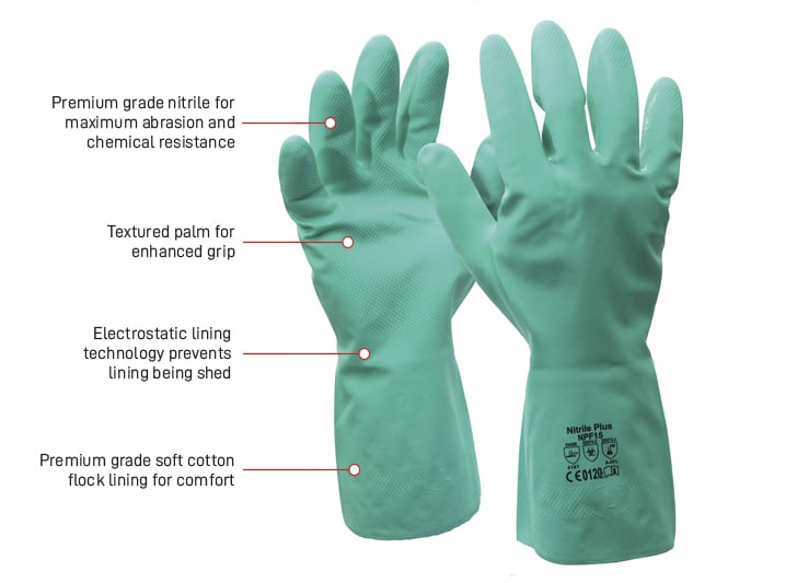 Esko Safety-Nitrile Chemical Glove 30cm long, flock impregnated, GREEN Sizes S-3XL-Discount Workwear NZ