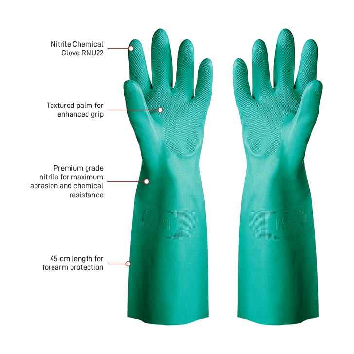 Esko Safety-Nitrile Chemical Glove Premium quality, 45cm long, unlined GREEN Sizes 8-10-Discount Workwear NZ