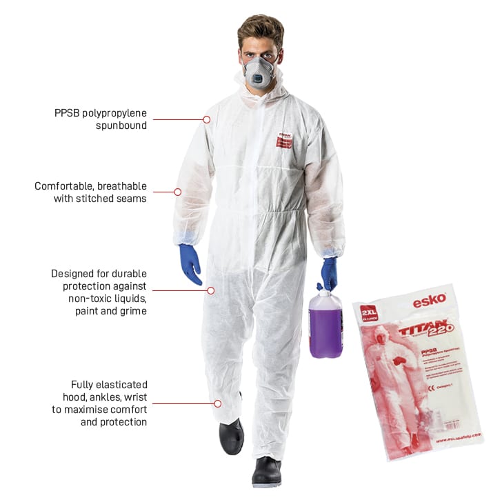 Esko Safety-TITAN 220 Spunbound Polypropylene Coverall, white, sizes S-3XL-Discount Workwear NZ