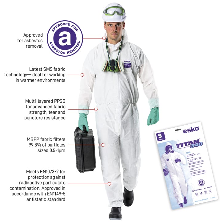 Esko Safety-TITAN 340 SMS Type 5 & 6 Asbestos Polypropylene Coverall, white, sizes S-5XL-Discount Workwear NZ