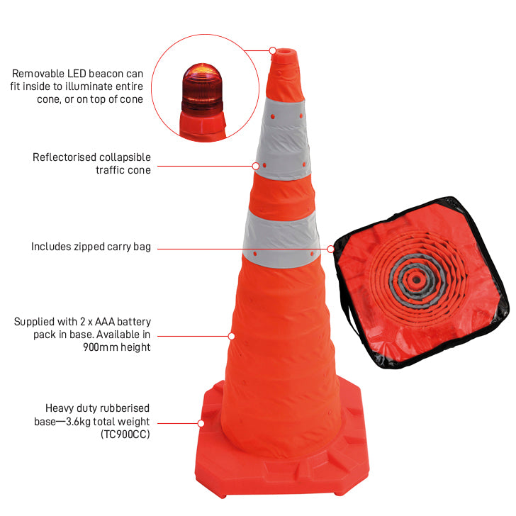 Esko Safety-900mm Reflectorised Collapsible Cone, c/w carry bag-Discount Workwear NZ